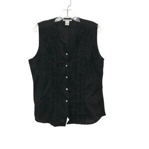 Annie Alexander Size XL Black Linen Sleeveless Top Button Up Ruffle Vintage